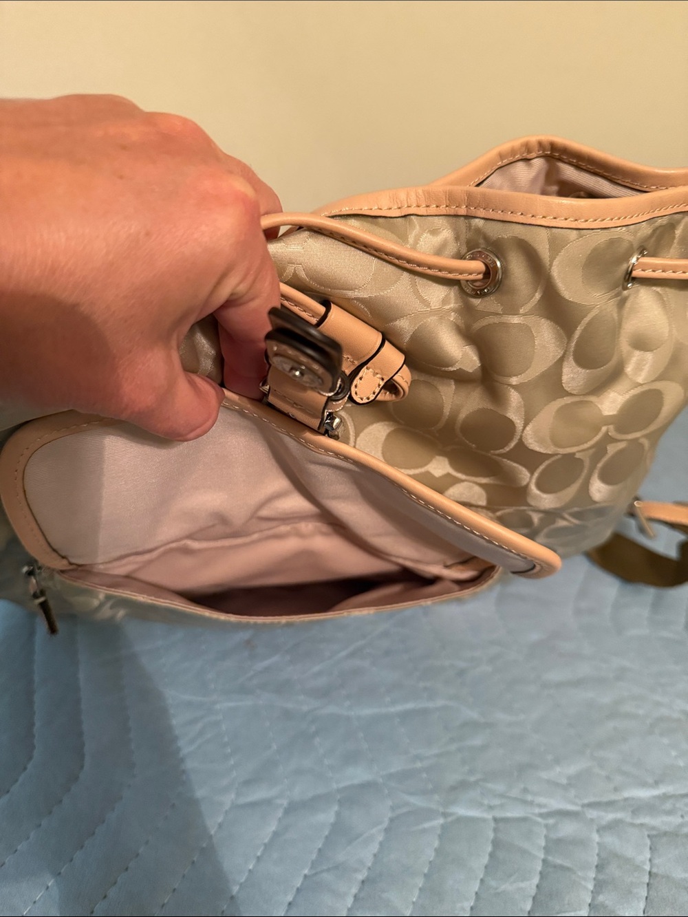 Coach Cream Signature Nylon Backpack with Pink Trim - Picture 7 of 13